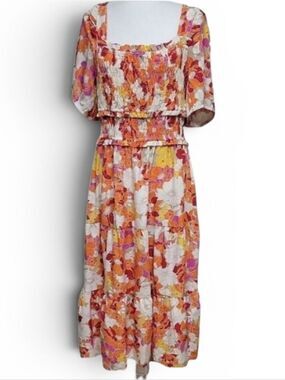 Orange Puff Sleeve Maxi Sundress for Wedding Guests XL Beach Summer Winetasting